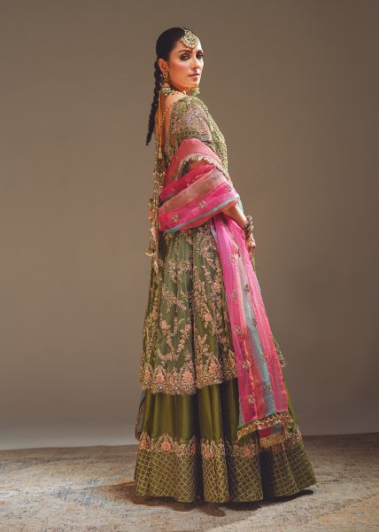 Indian Moss Green Zardozi Silk-Blend Lehenga (3-Piece) - Image 6