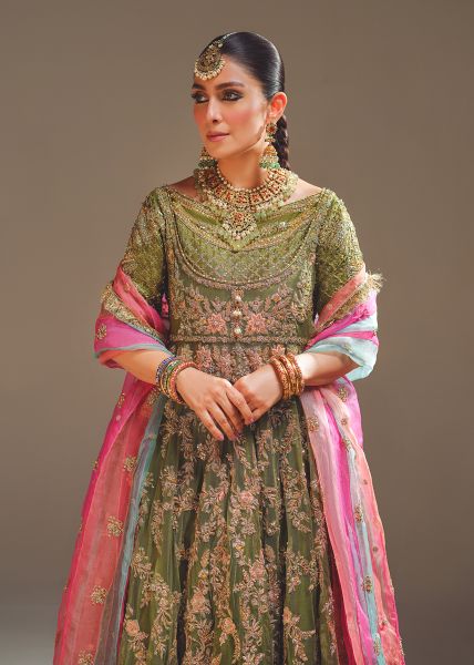 Indian Moss Green Zardozi Silk-Blend Lehenga (3-Piece) - Image 8