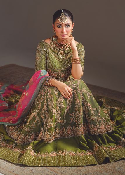 Indian Moss Green Zardozi Silk-Blend Lehenga (3-Piece) - Image 9