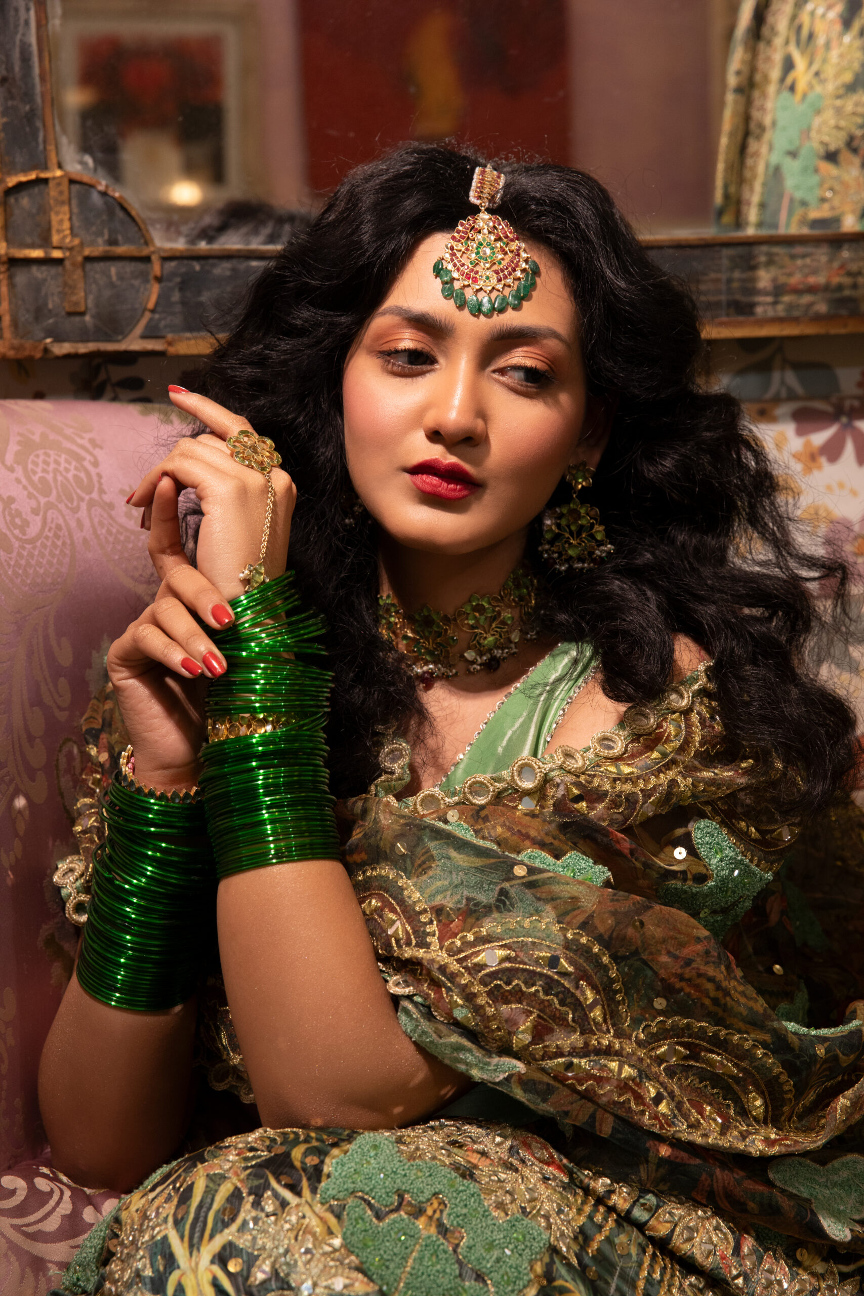 Pakistani Olive & Soft Yellow Embellished Silk-Organza Lehenga (3-Piece) - Image 2