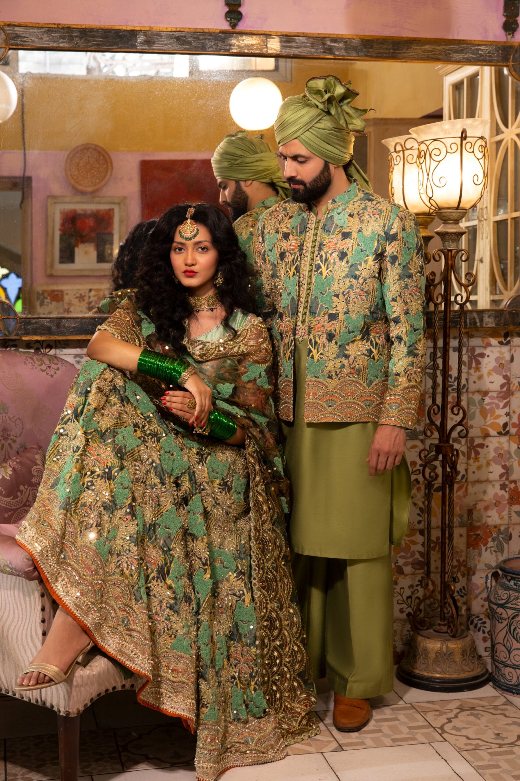 Pakistani Olive & Soft Yellow Embellished Silk-Organza Lehenga (3-Piece) - Image 3