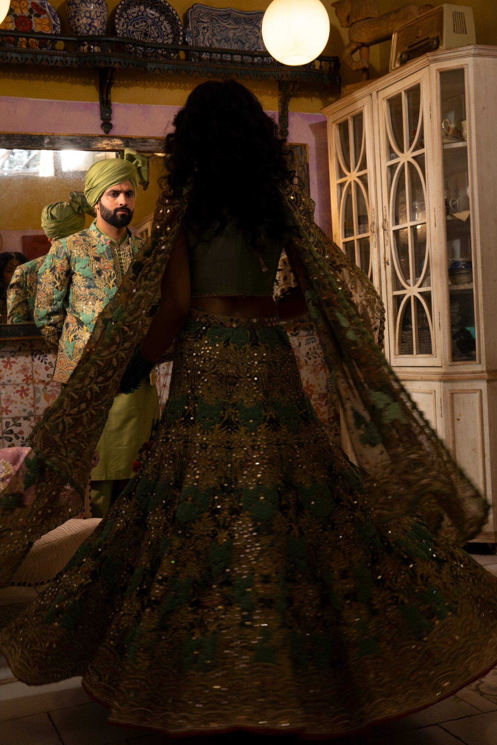 Pakistani Olive & Soft Yellow Embellished Silk-Organza Lehenga (3-Piece) - Image 4