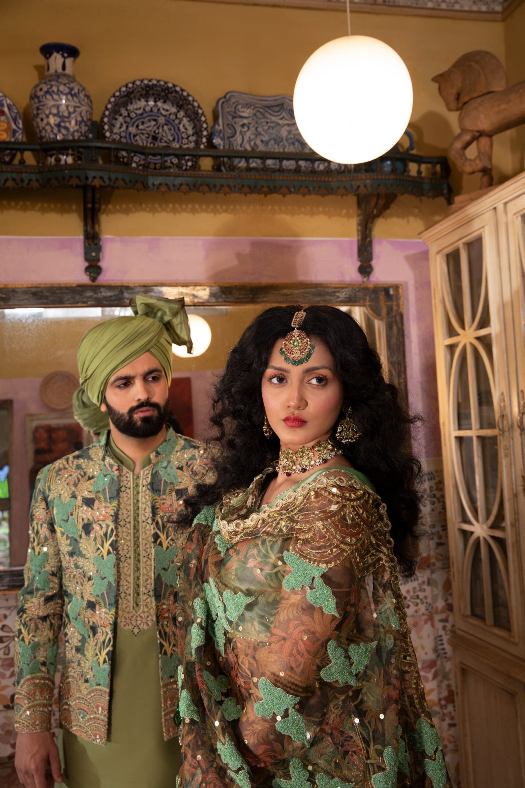 Pakistani Olive & Soft Yellow Embellished Silk-Organza Lehenga (3-Piece) - Image 5