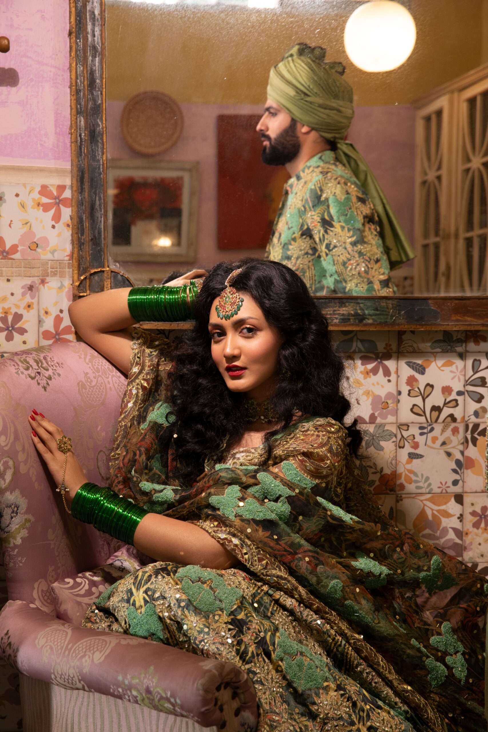 Pakistani Olive & Soft Yellow Embellished Silk-Organza Lehenga (3-Piece) - Image 6