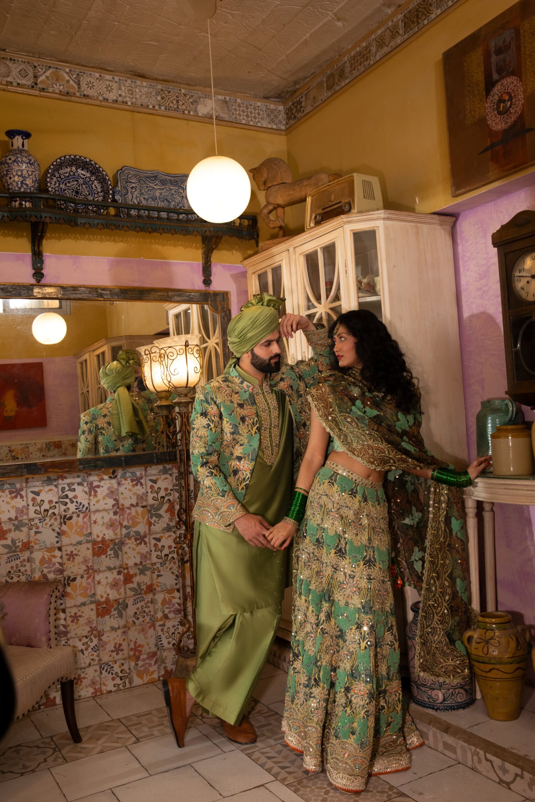 Pakistani Olive & Soft Yellow Embellished Silk-Organza Lehenga (3-Piece) - Image 7