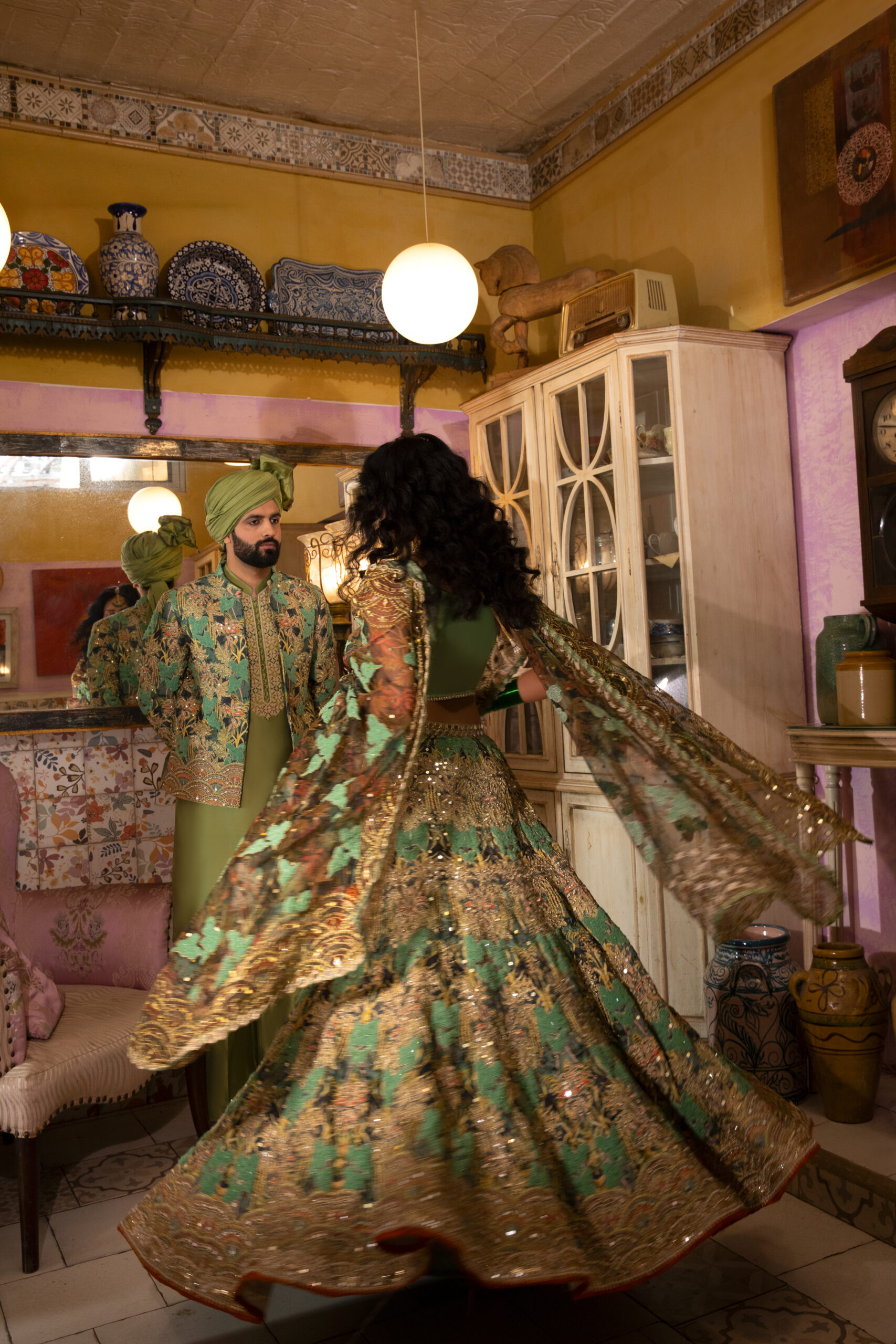 Pakistani Olive & Soft Yellow Embellished Silk-Organza Lehenga (3-Piece) - Image 8