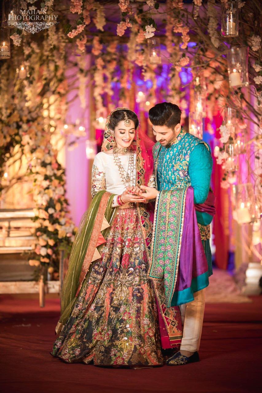 Pakistani Multicolour Embellished Silk Blend Bridal Lehenga (3-Piece) - Image 2