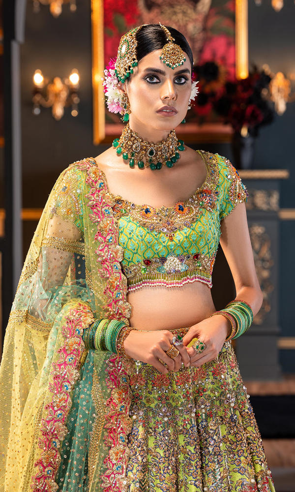 Apple Green Embellished Silk Lehenga (3-Piece) - Image 3