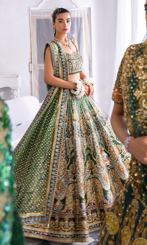 Green Crystal Embroidered Silk Bridal Lehenga (3-Piece) - Image 2