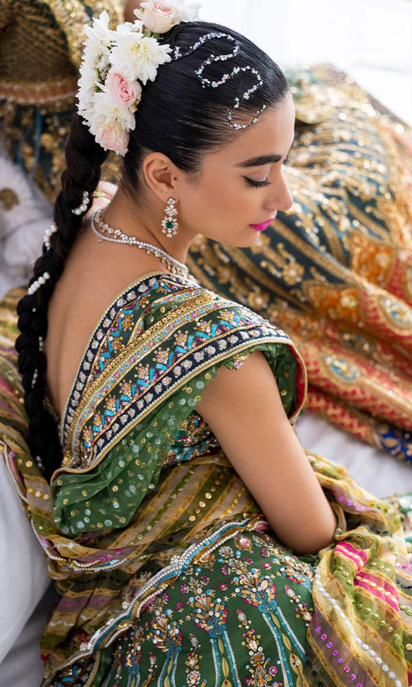 Green Crystal Embroidered Silk Bridal Lehenga (3-Piece) - Image 3