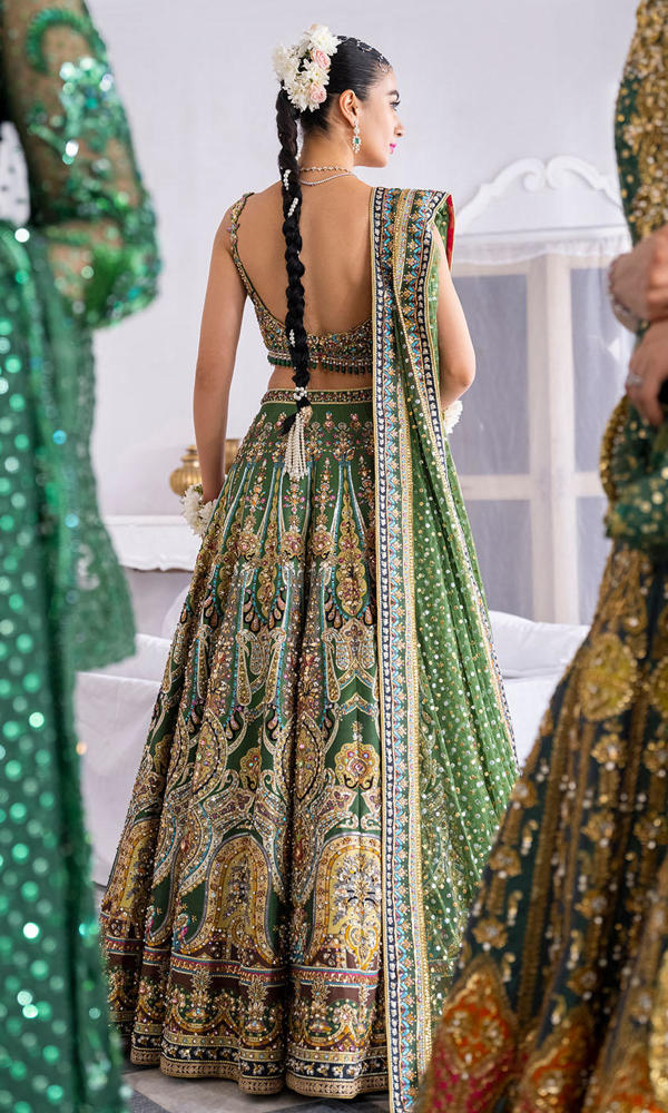 Green Crystal Embroidered Silk Bridal Lehenga (3-Piece) - Image 4