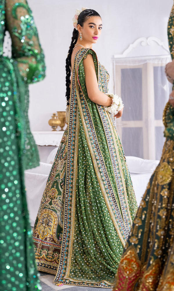 Green Crystal Embroidered Silk Bridal Lehenga (3-Piece) - Image 5