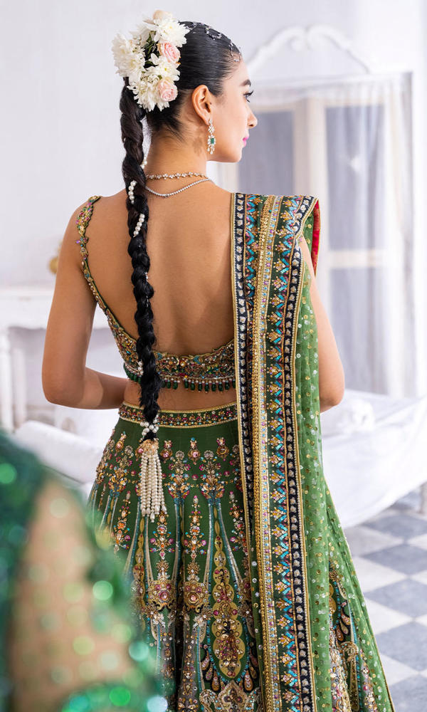 Green Crystal Embroidered Silk Bridal Lehenga (3-Piece) - Image 6