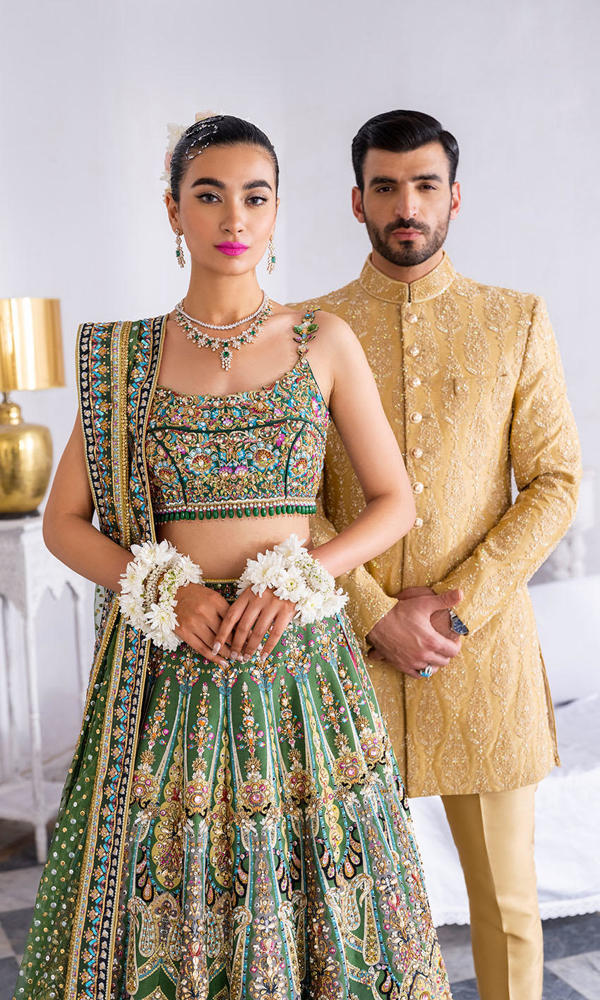 Green Crystal Embroidered Silk Bridal Lehenga (3-Piece) - Image 7
