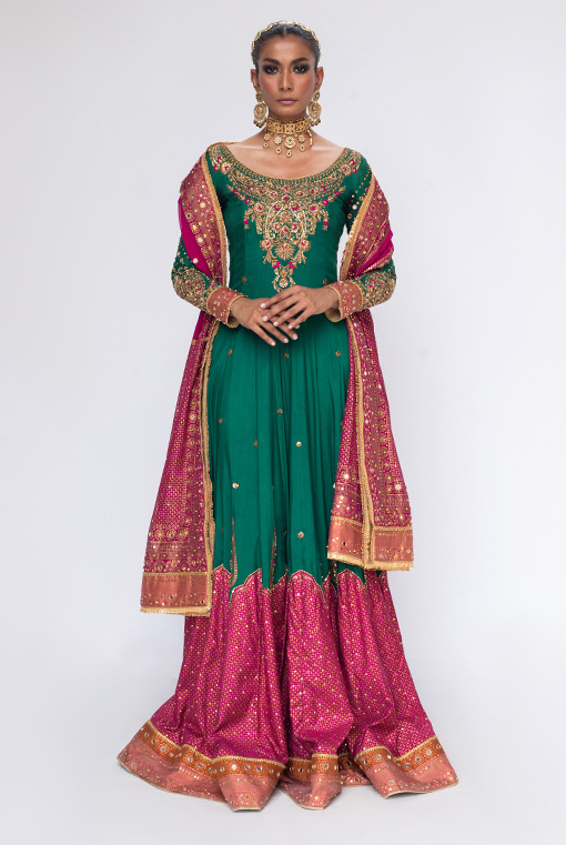 Emerald Green Embroidered Silk Bridal Lehenga (3-Piece) - Image 1