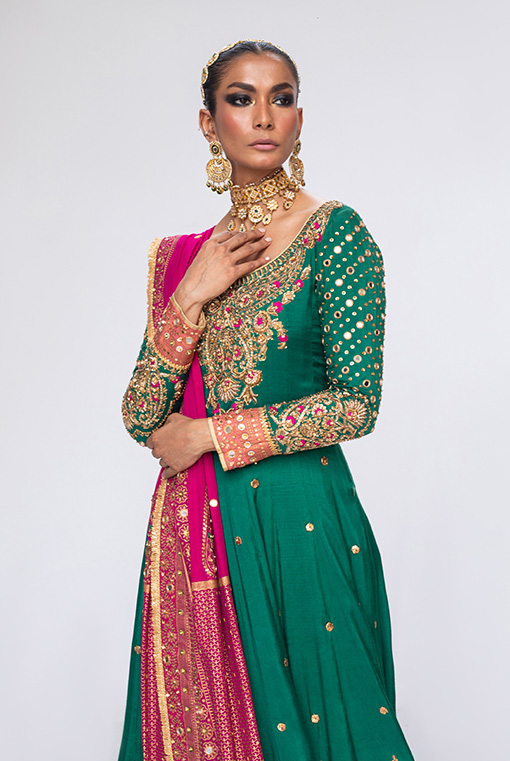 Emerald Green Embroidered Silk Bridal Lehenga (3-Piece) - Image 2
