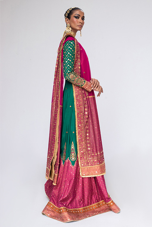 Emerald Green Embroidered Silk Bridal Lehenga (3-Piece) - Image 3