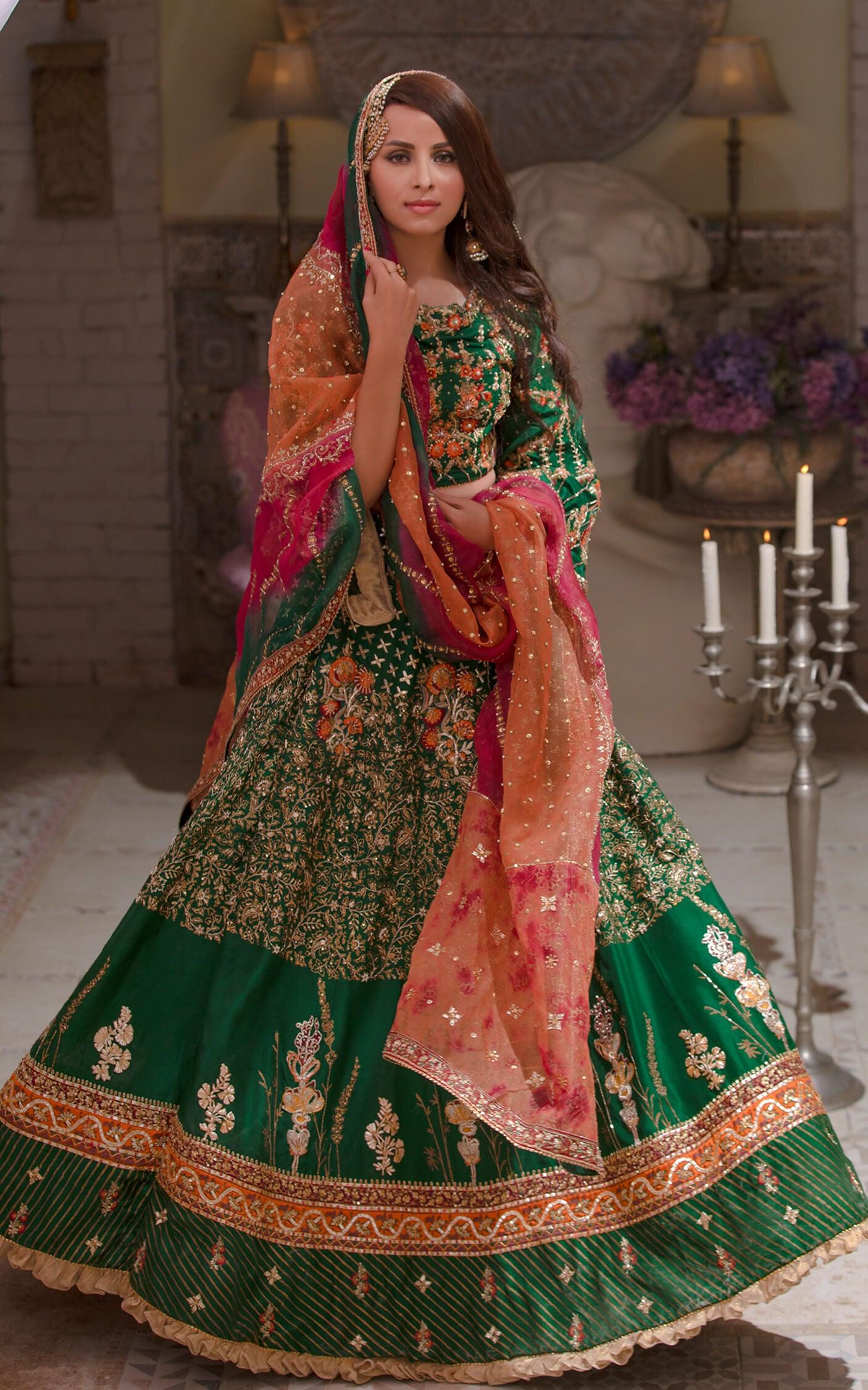 Emerald Green Embroidered Silk Bridal Lehenga (3-Piece) - Image 1