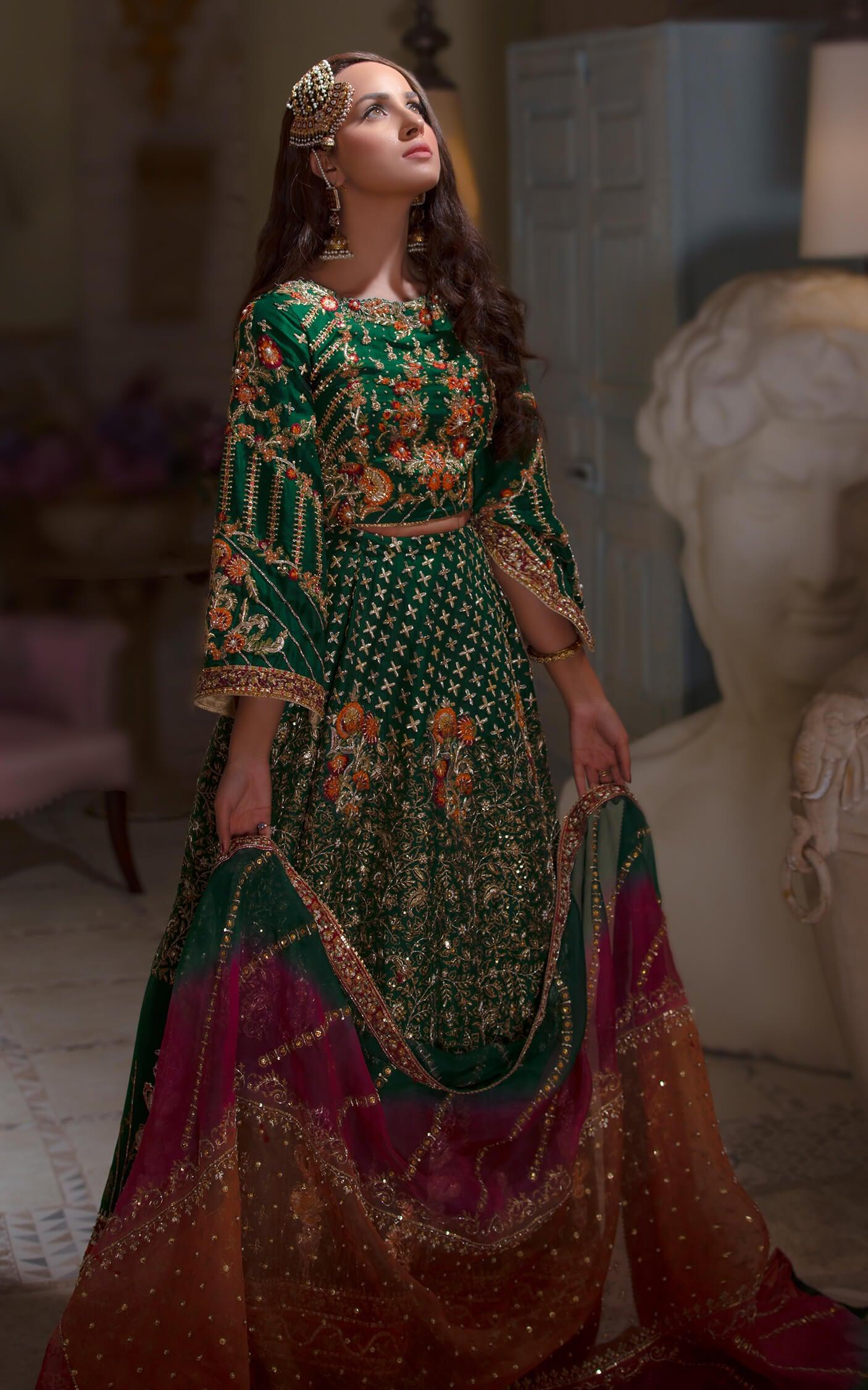 Emerald Green Embroidered Silk Bridal Lehenga (3-Piece) - Image 10