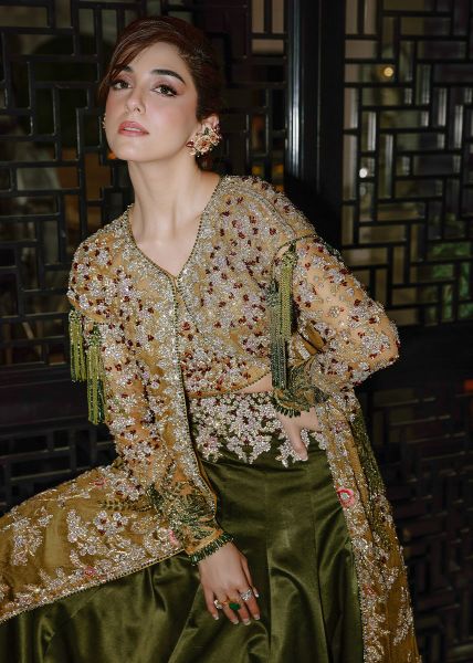 Deep Moss Green Embroidered Silk & Net Lehenga (2-Piece) - Image 2