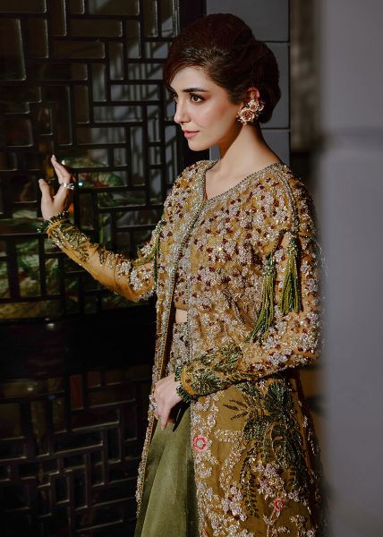 Deep Moss Green Embroidered Silk & Net Lehenga (2-Piece) - Image 3