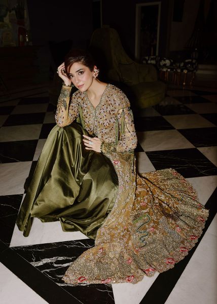 Deep Moss Green Embroidered Silk & Net Lehenga (2-Piece) - Image 6