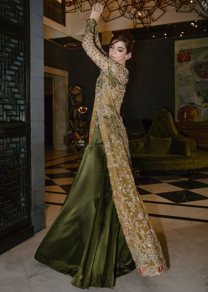 Deep Moss Green Embroidered Silk & Net Lehenga (2-Piece) - Image 9