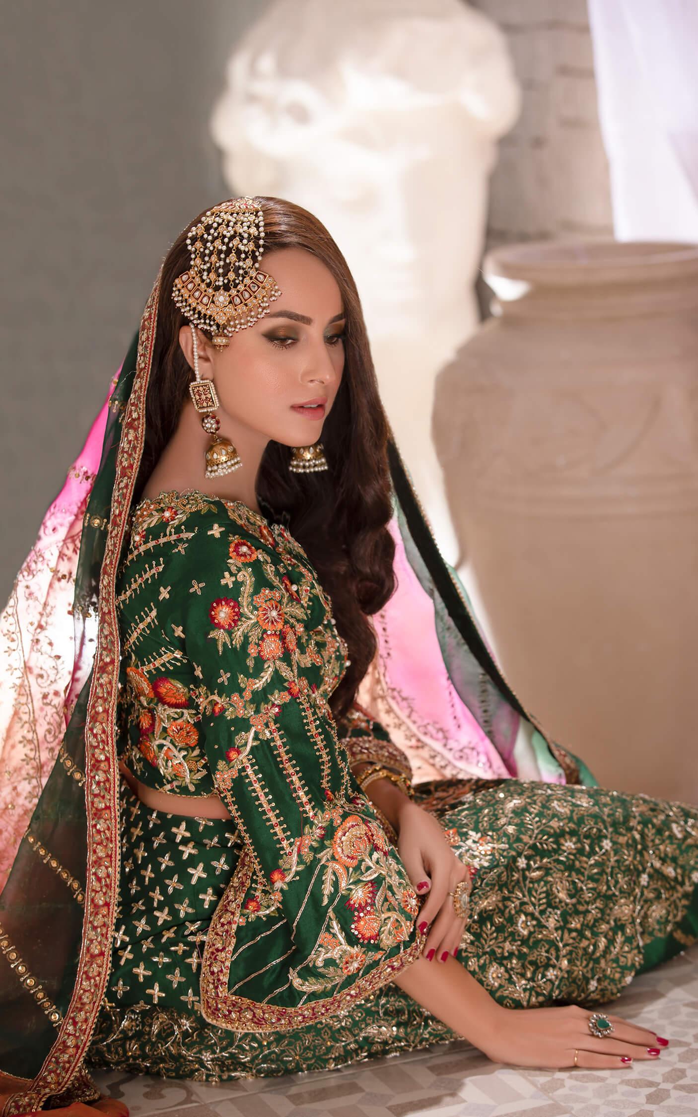 Emerald Green Embroidered Silk-Blend Bridal Lehenga (3-Piece) - Image 11