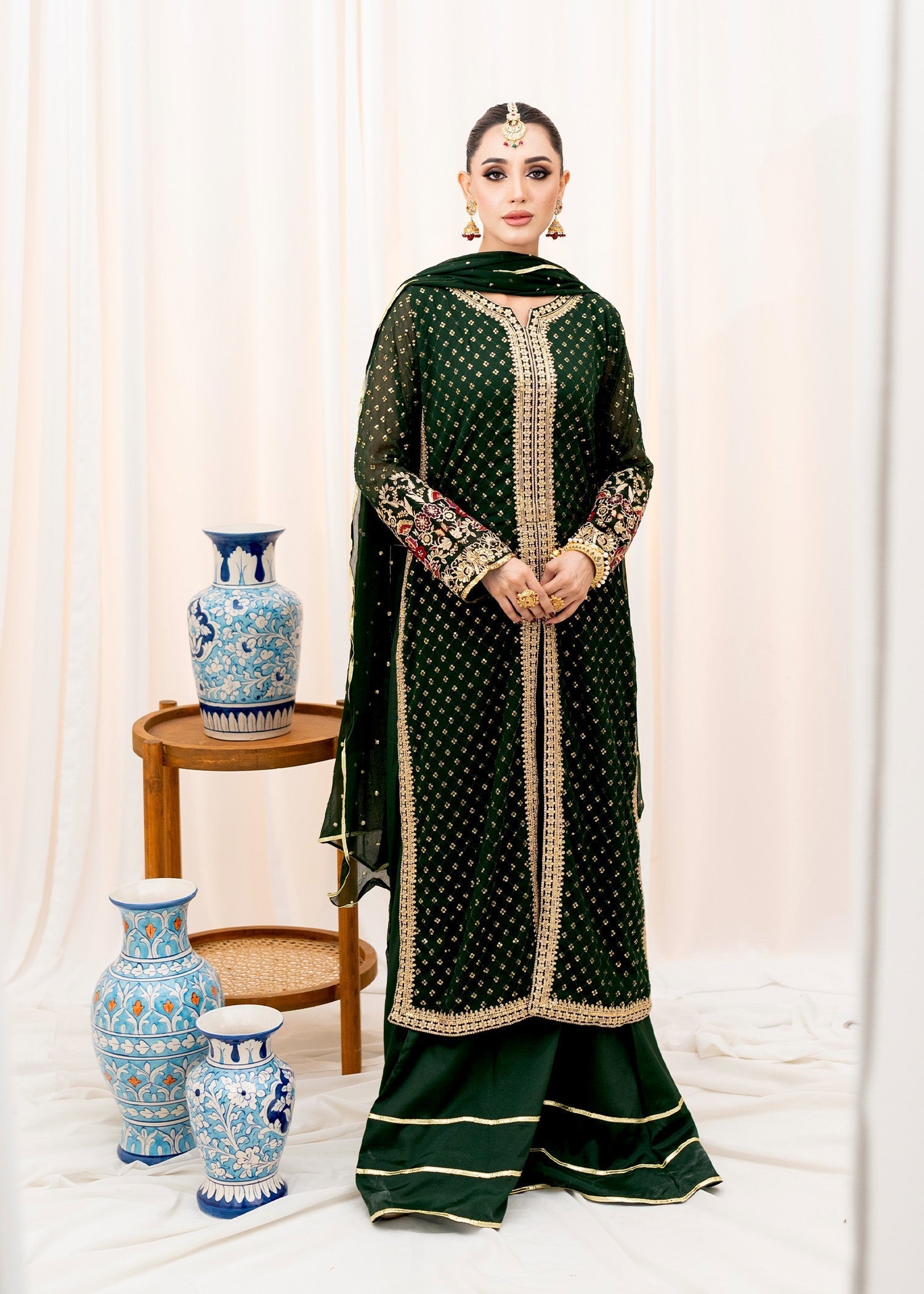 Pakistani Bottle Green Embroidered Chiffon Lehenga Dress (3-Piece) - Image 1