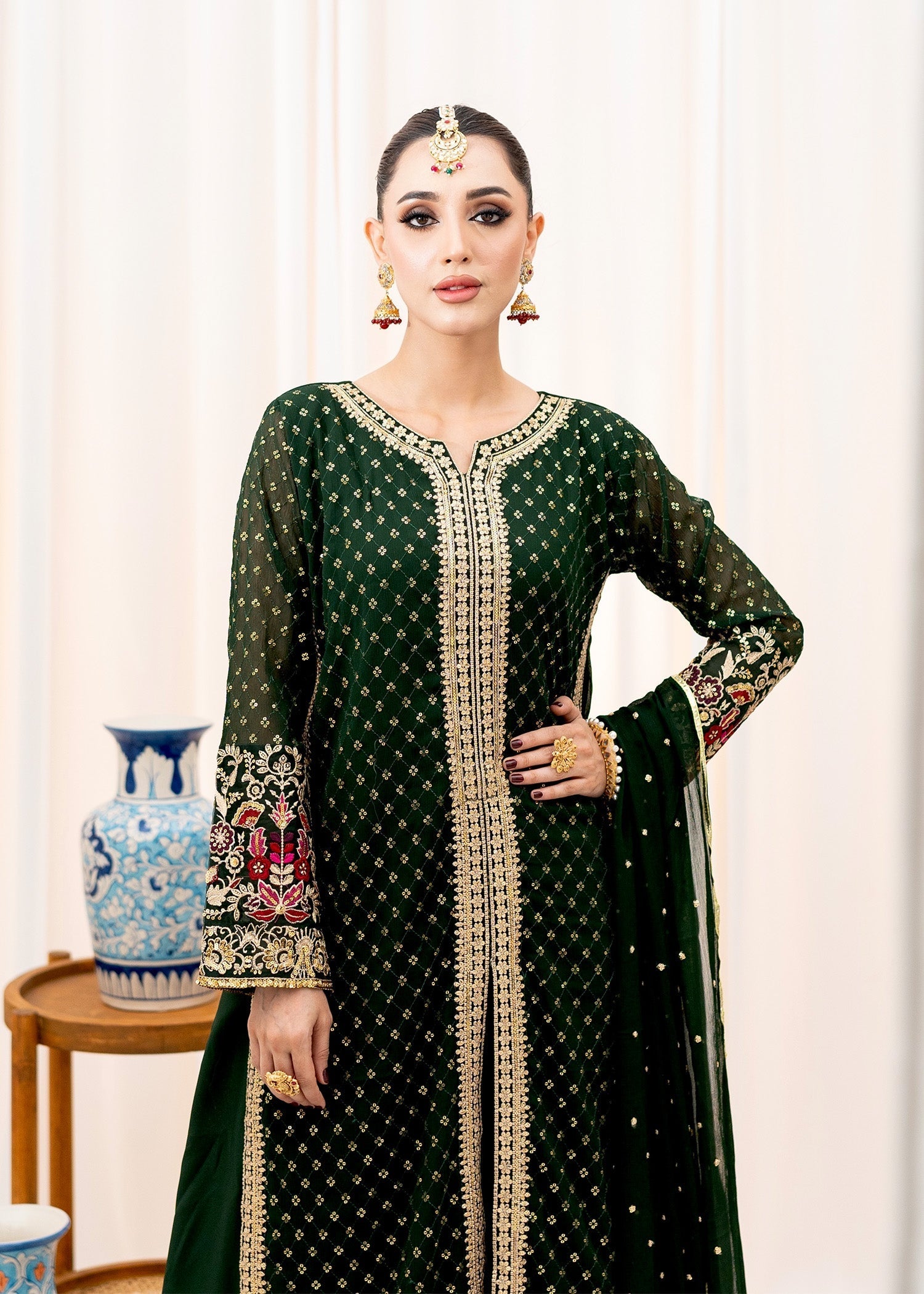 Pakistani Bottle Green Embroidered Chiffon Lehenga Dress (3-Piece) - Image 2