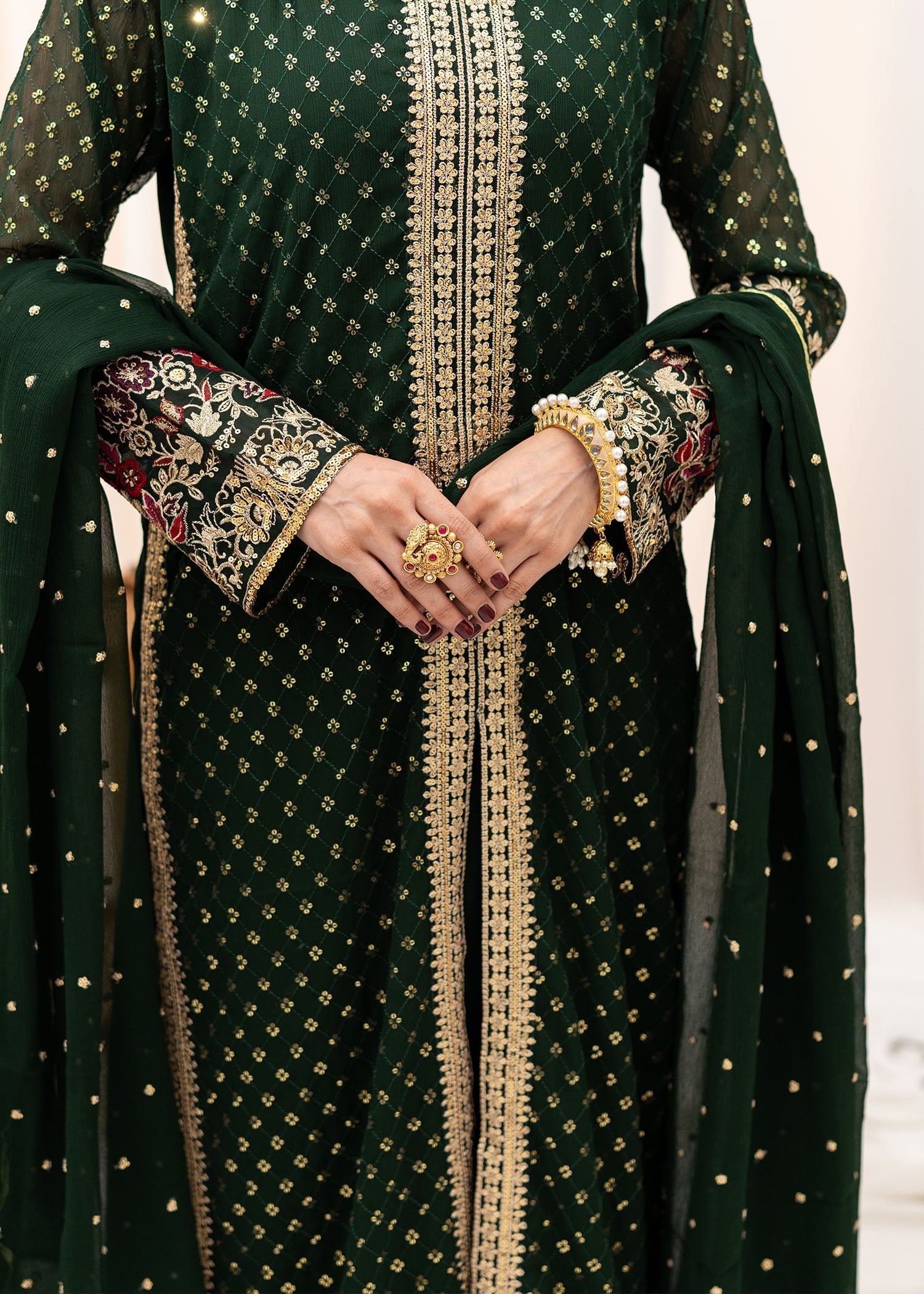 Pakistani Bottle Green Embroidered Chiffon Lehenga Dress (3-Piece) - Image 3