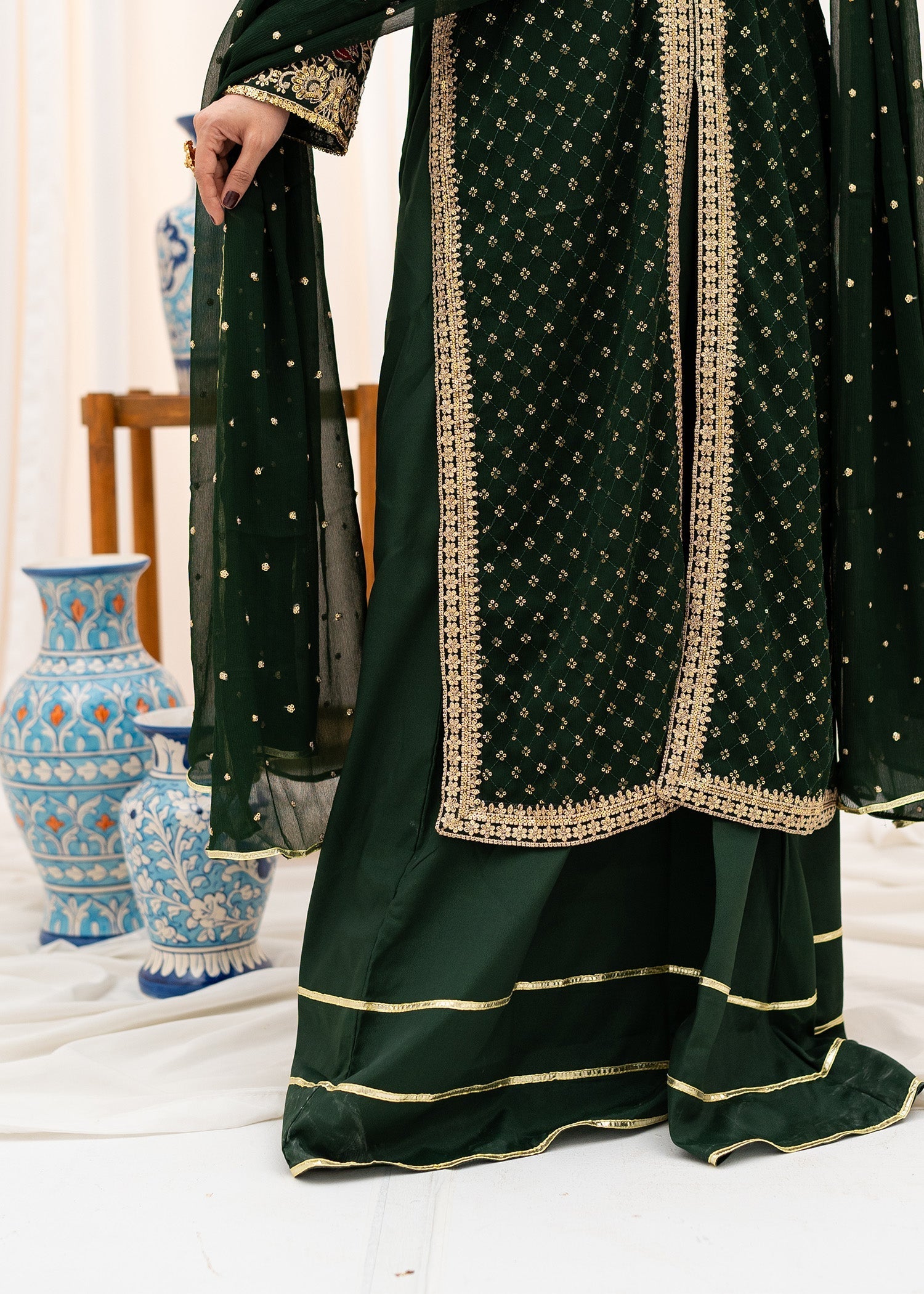 Pakistani Bottle Green Embroidered Chiffon Lehenga Dress (3-Piece) - Image 4