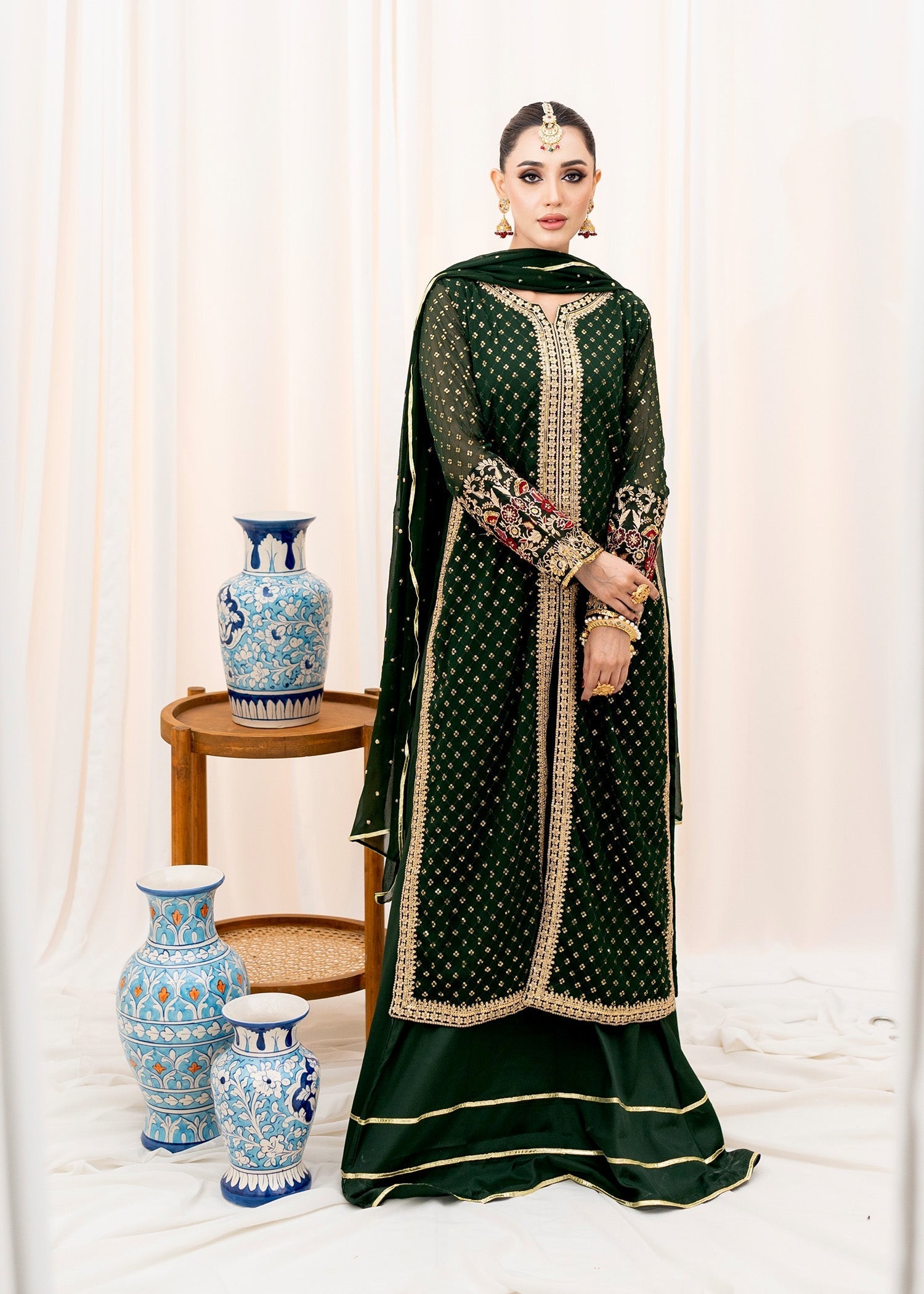 Pakistani Bottle Green Embroidered Chiffon Lehenga Dress (3-Piece) - Image 5