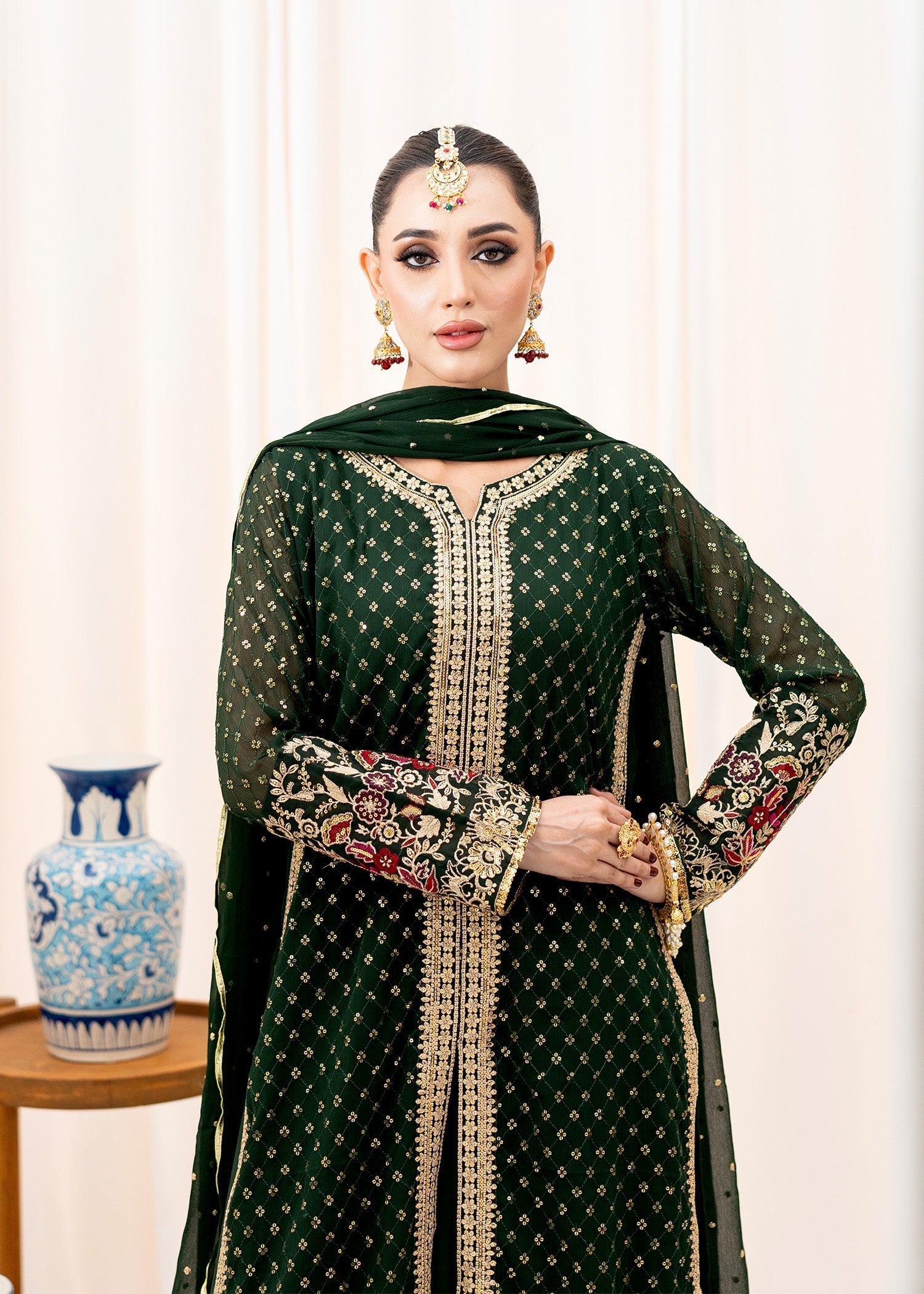 Pakistani Bottle Green Embroidered Chiffon Lehenga Dress (3-Piece) - Image 6