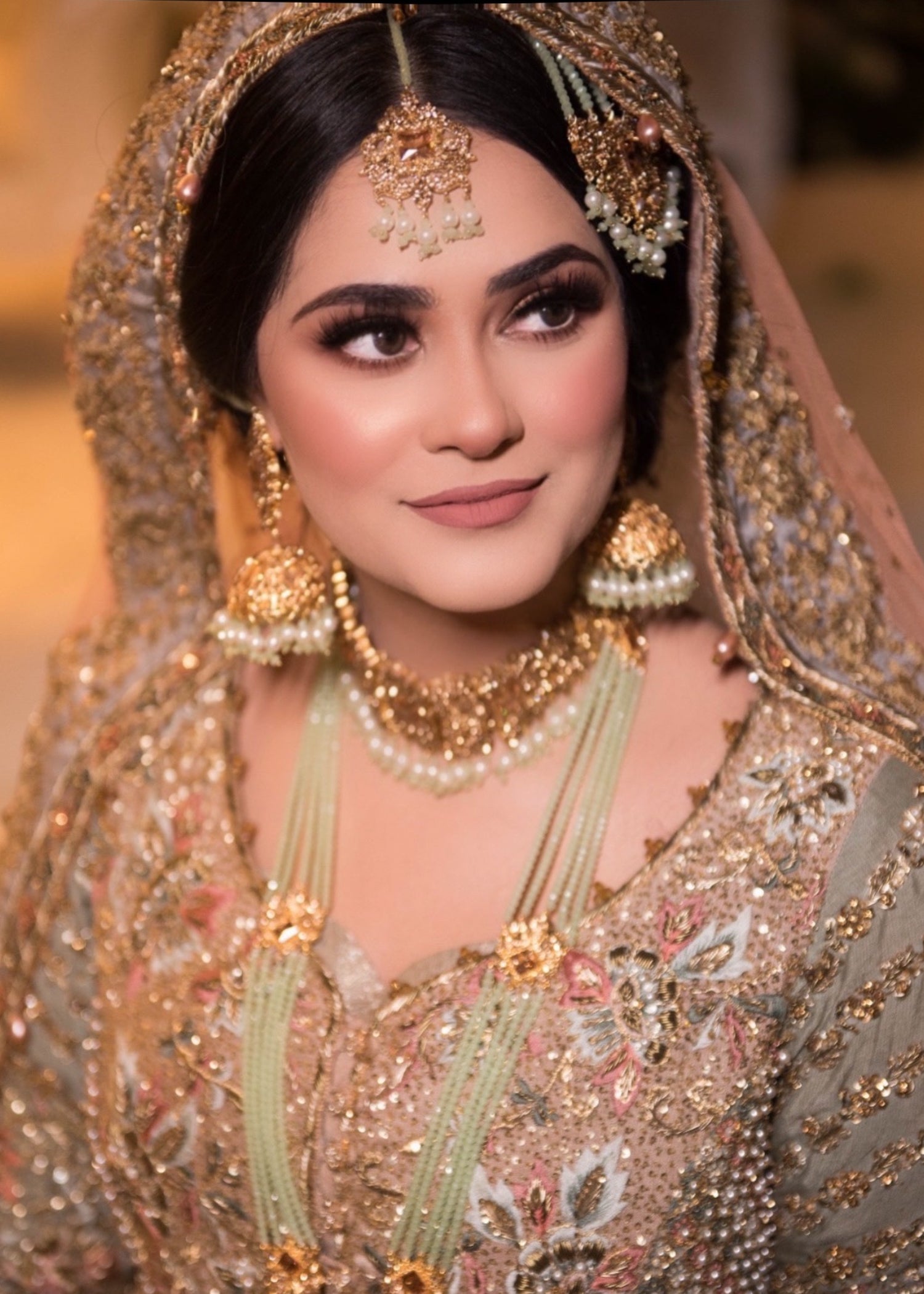 Sage Blush Embroidered Silk Bridal Lehenga (3-Piece) - Image 1