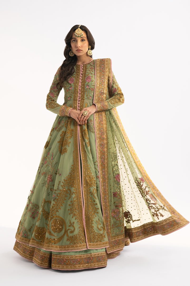 Pakistani Sage Embroidered Net Anarkali Jacket with Silk Lehenga (3-Piece) - Image 2