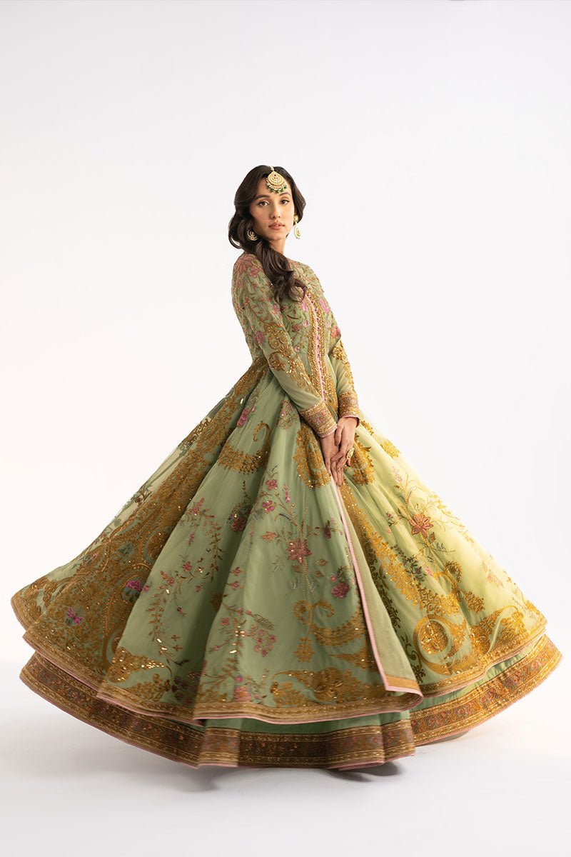 Pakistani Sage Embroidered Net Anarkali Jacket with Silk Lehenga (3-Piece) - Image 4