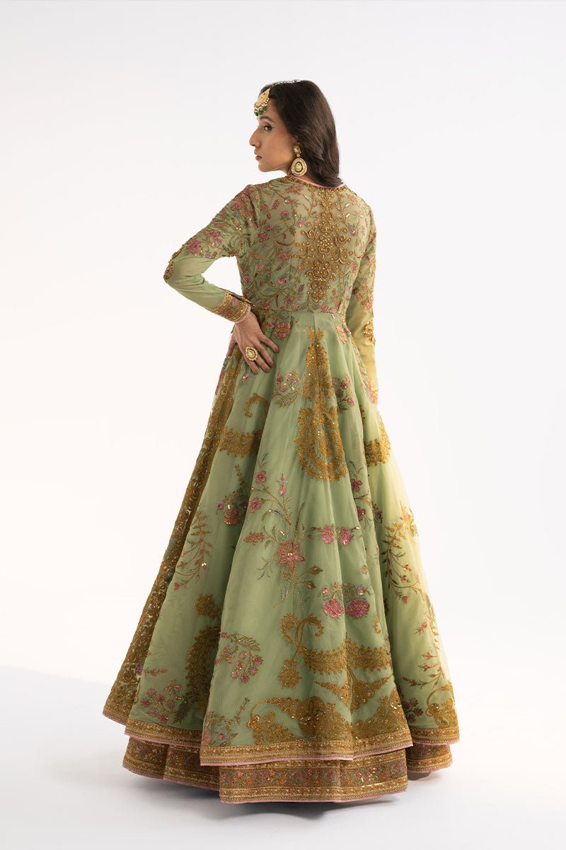 Pakistani Sage Embroidered Net Anarkali Jacket with Silk Lehenga (3-Piece) - Image 6