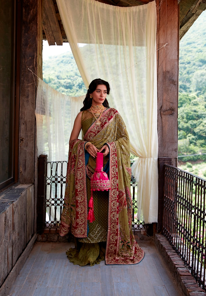 Pakistani Sage Green Handworked Silk Lehenga Set (3-Piece) - Image 1