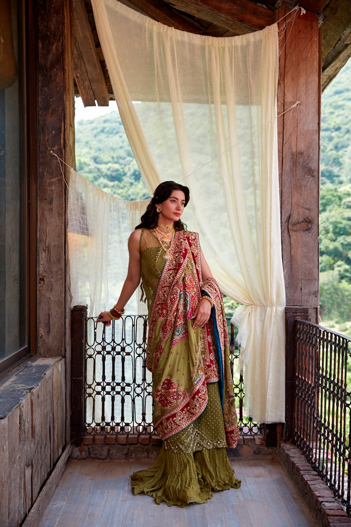 Pakistani Sage Green Handworked Silk Lehenga Set (3-Piece) - Image 2