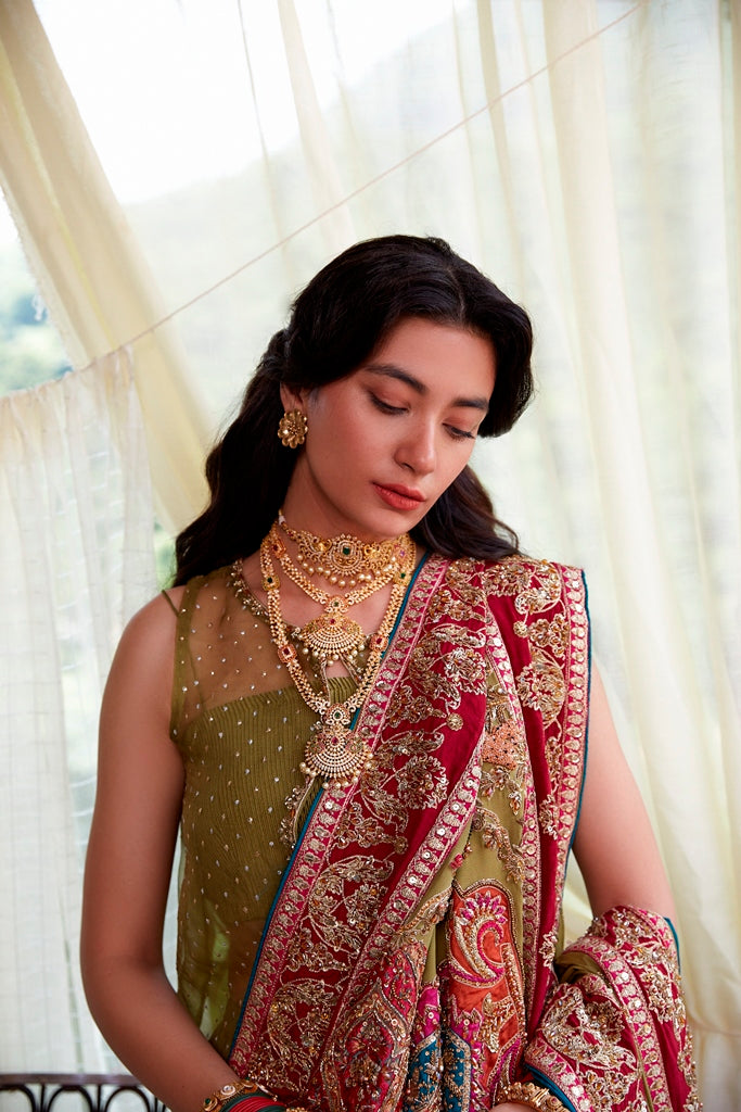 Pakistani Sage Green Handworked Silk Lehenga Set (3-Piece) - Image 3