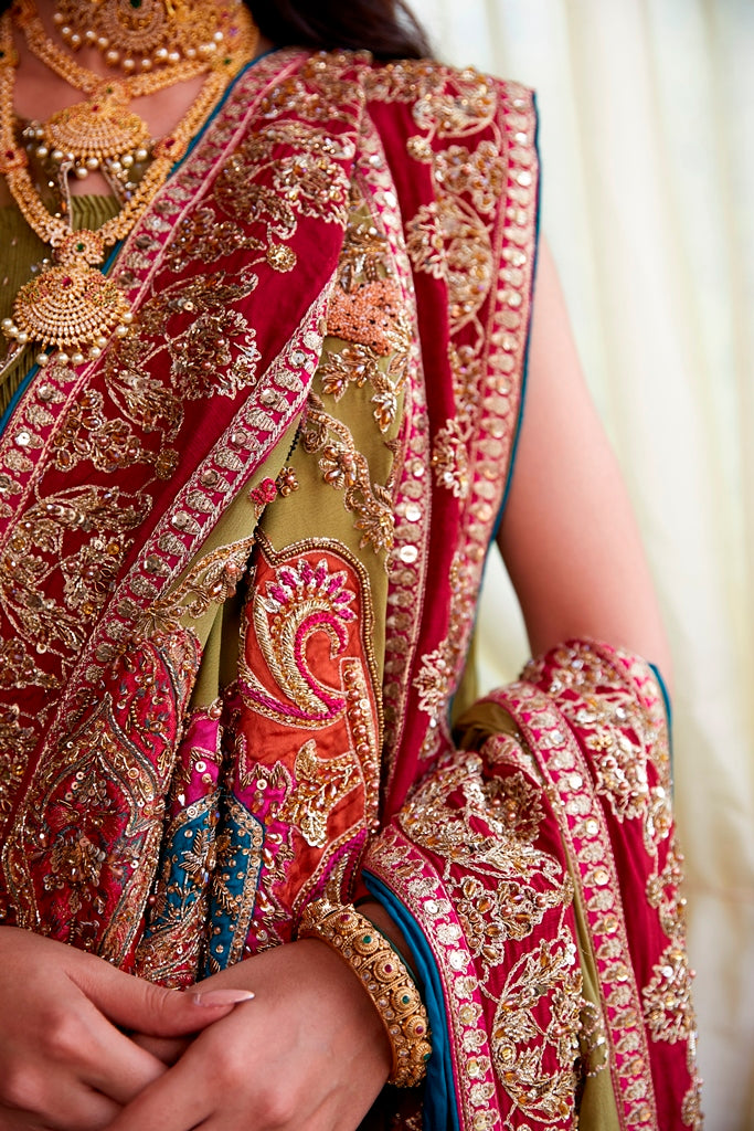 Pakistani Sage Green Handworked Silk Lehenga Set (3-Piece) - Image 4