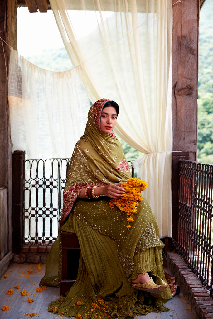 Pakistani Sage Green Handworked Silk Lehenga Set (3-Piece) - Image 5