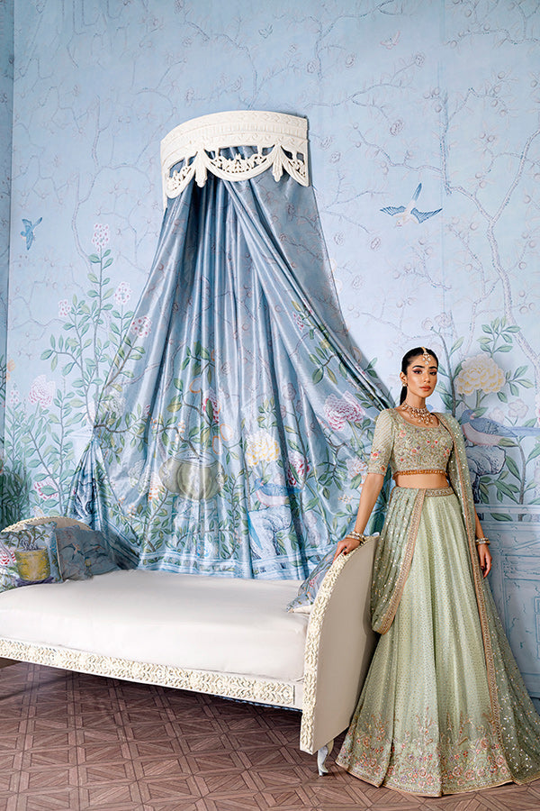 Pakistani Mint Green Embellished Silk-Blend Lehenga Choli (3-Piece) - Image 3
