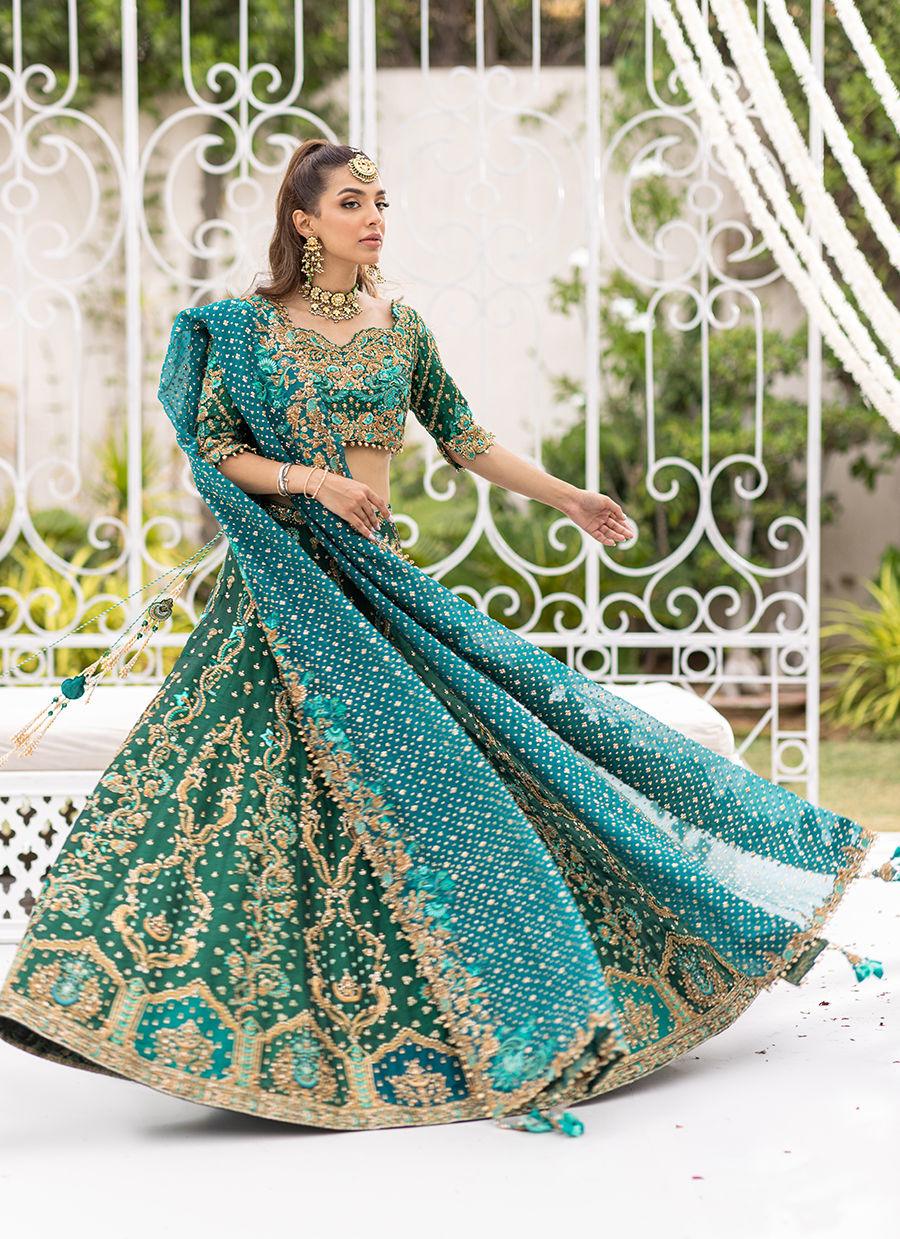 Pakistani Emerald Kora Dabka Nakshi Pure Silk Lehenga Choli (3-Piece) - Image 1