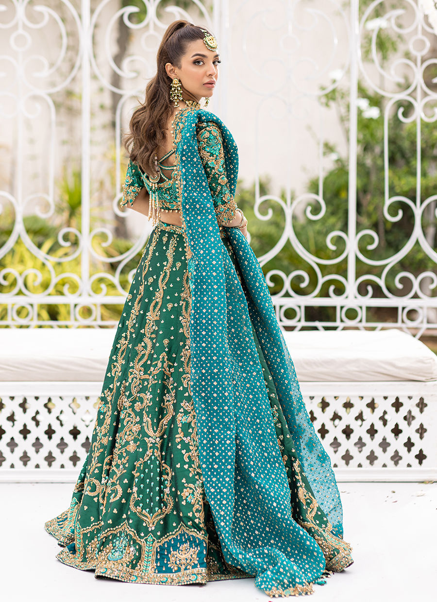Pakistani Emerald Kora Dabka Nakshi Pure Silk Lehenga Choli (3-Piece) - Image 11