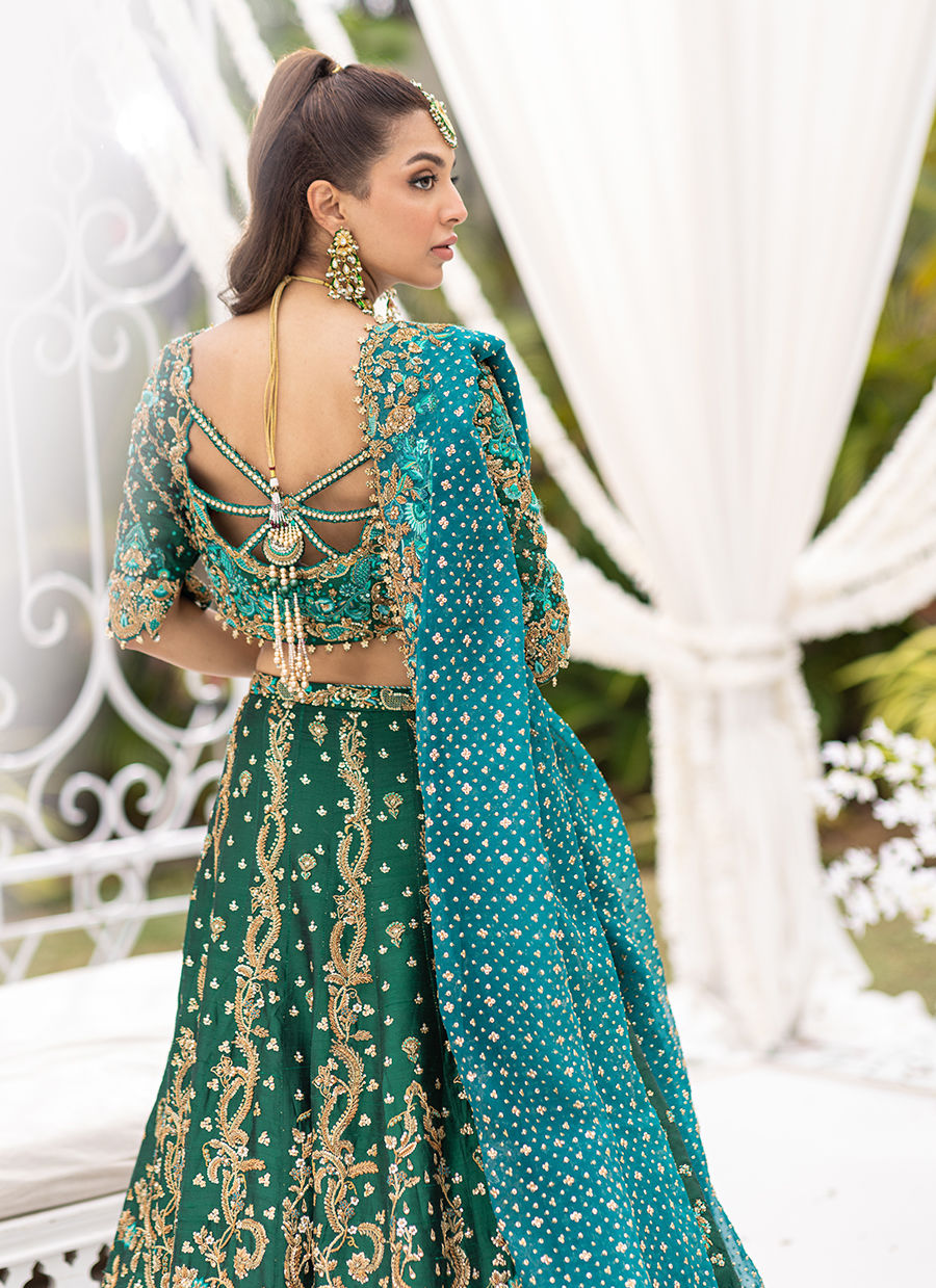 Pakistani Emerald Kora Dabka Nakshi Pure Silk Lehenga Choli (3-Piece) - Image 12