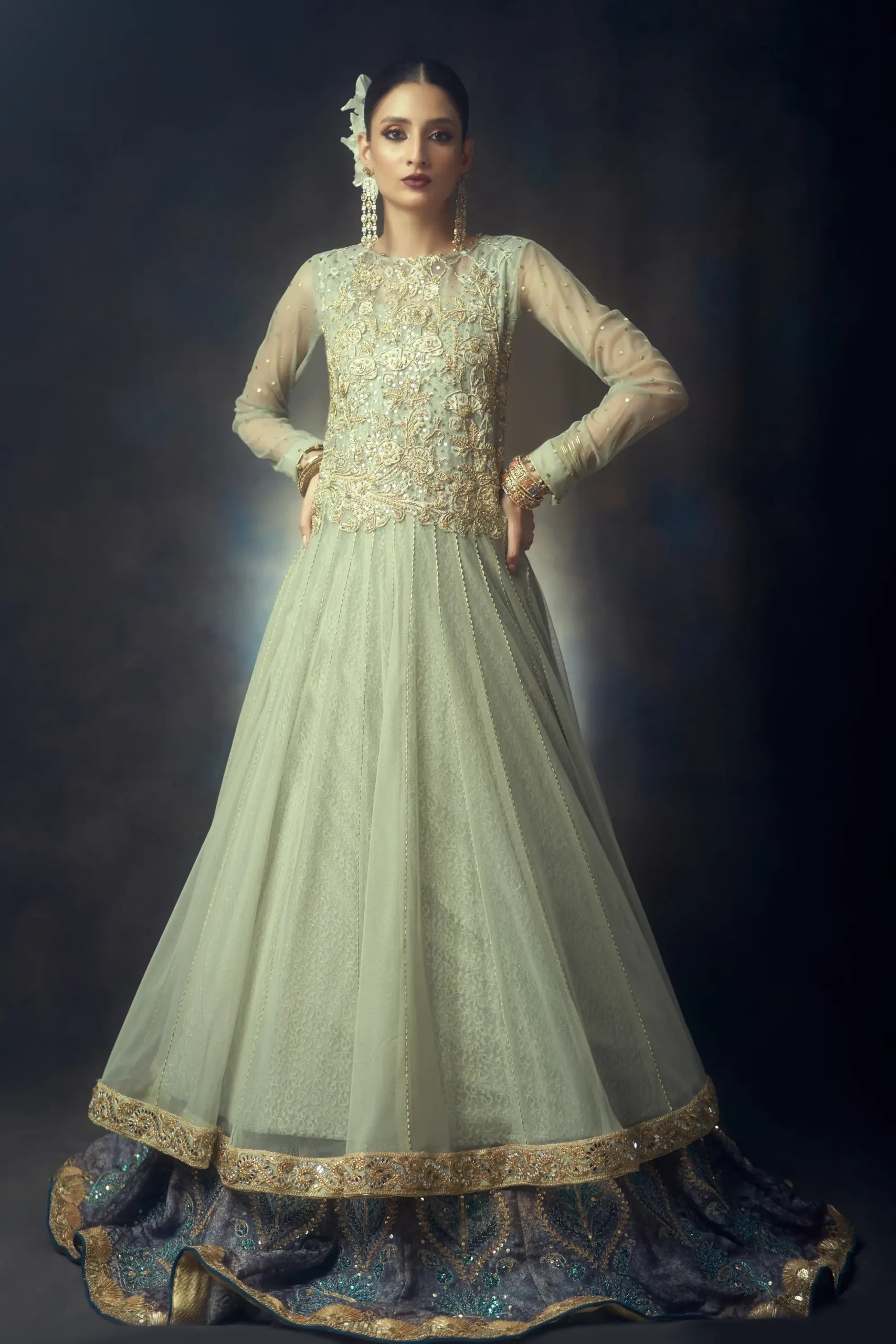 Pakistani Tea-Green Kora Dabka Silk Pishwas Dress (2-Piece) - Image 1