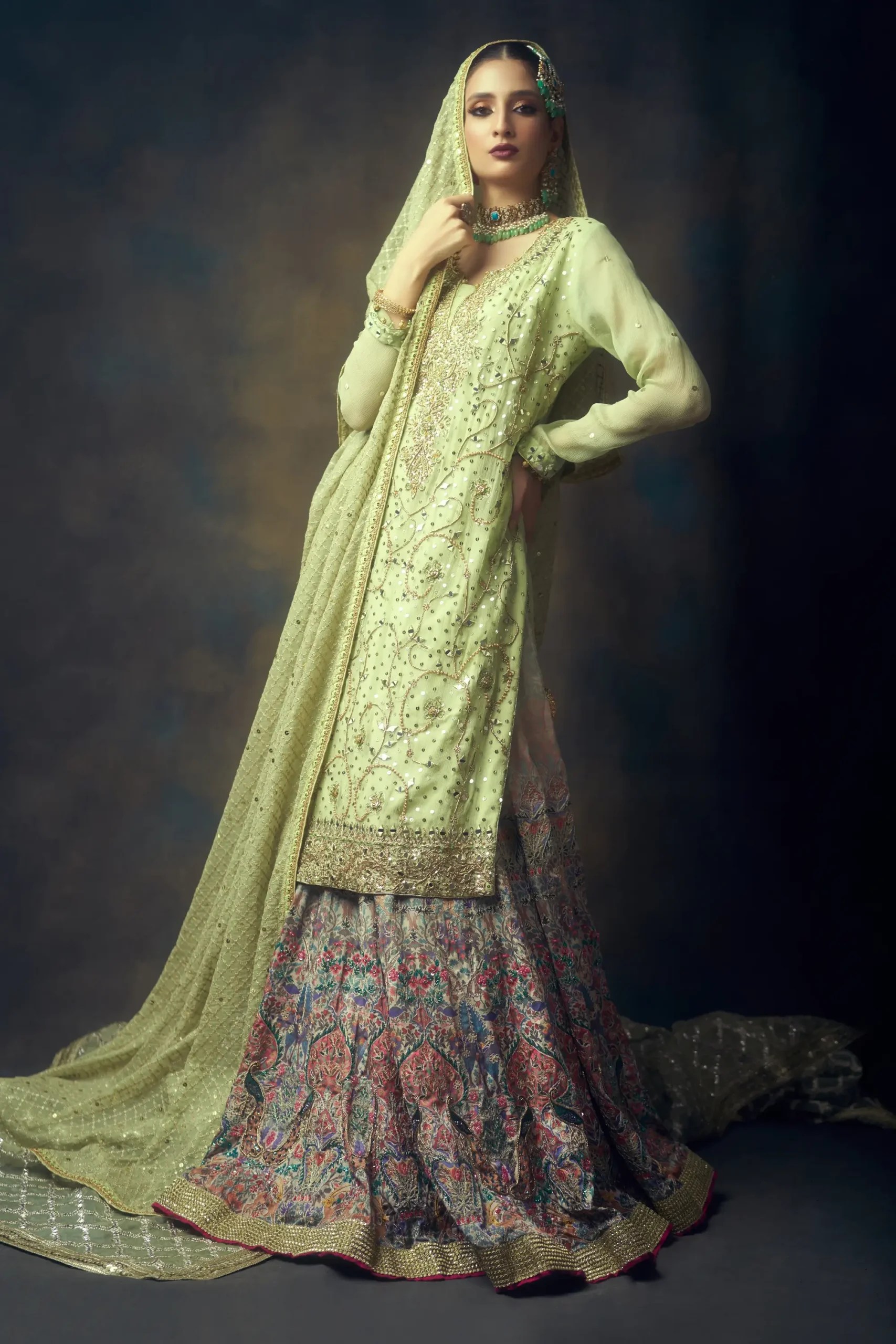 Tea-Green Embellished Net Long Shirt & Silk Lehenga (3-Piece) - Image 1