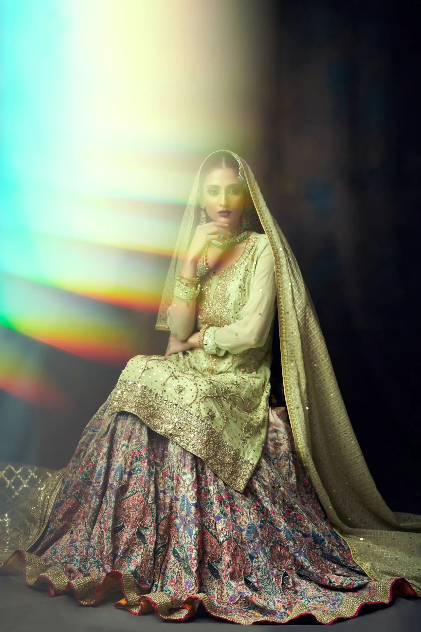 Tea-Green Embellished Net Long Shirt & Silk Lehenga (3-Piece) - Image 2